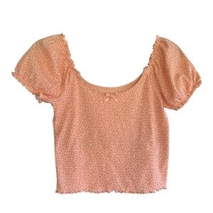 American Eagle Blouse Top Women Small Peach Floral Round Neck Cropped Summer